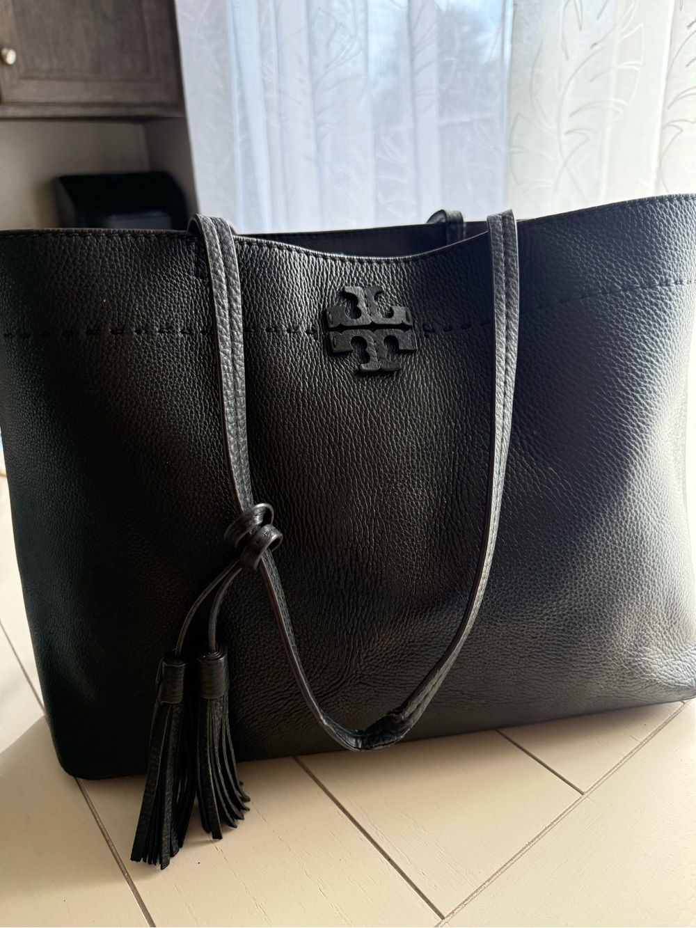 Tory Burch Black Pebbled Leather Tassel Tote